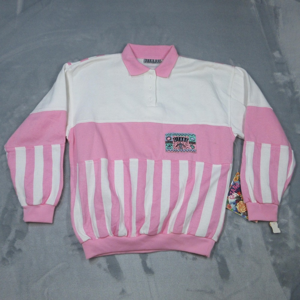 Vintage Gitano Sweatshirt Womens Medium Pink White Striped Rugby Polo Collar 90s